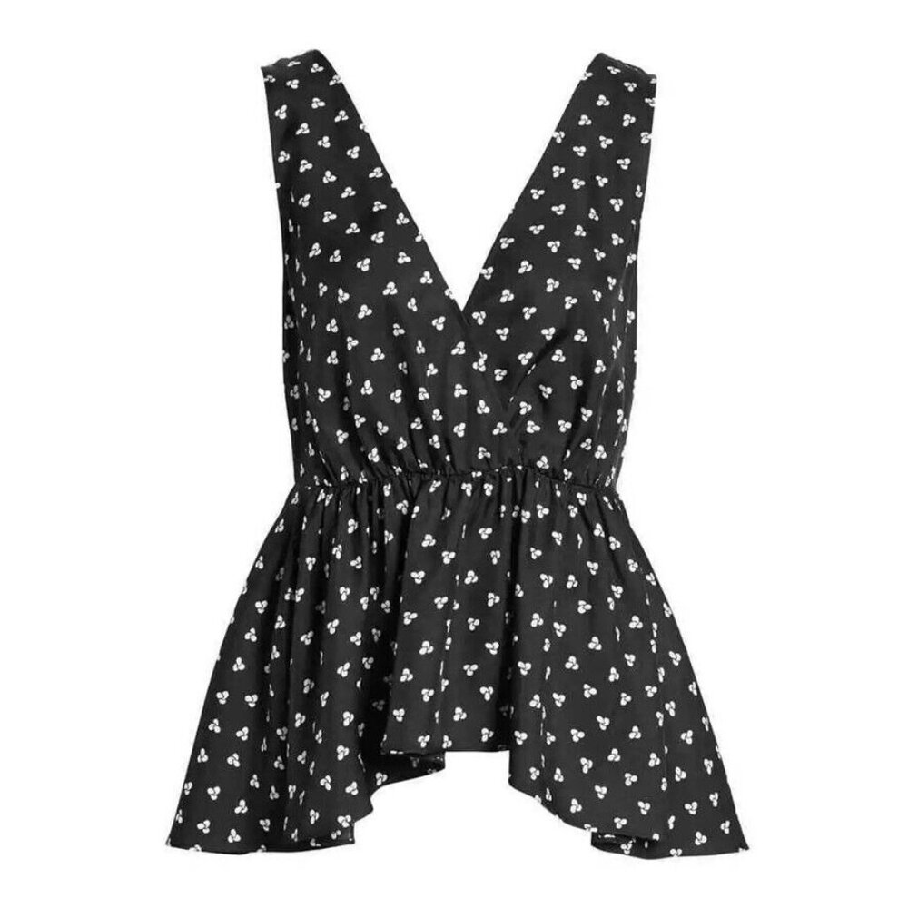 Lewit Silk Tank Top Camisole Size XS Black White Surplice V Neck Skirted Hem